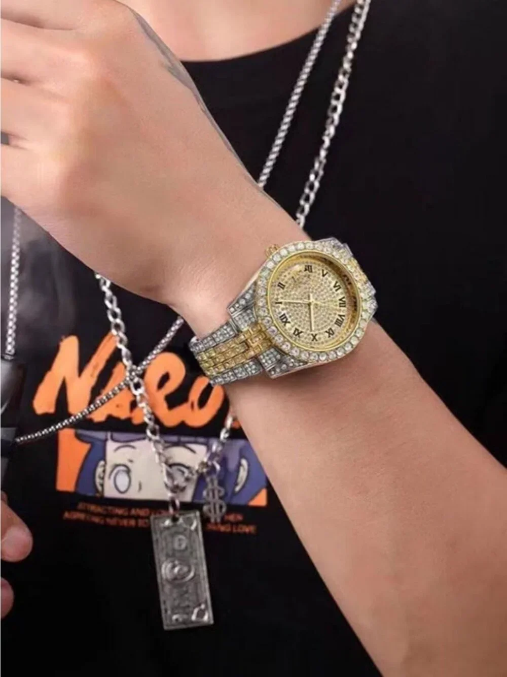 Mens Silver Gold Analog Crystal Rhinestone Diamond Iced-Out Bracelet Wrist Watch